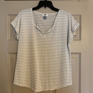 Old Navy Tee Shirt Cuffed Short Sleeve White with Taupe pin stripes Med